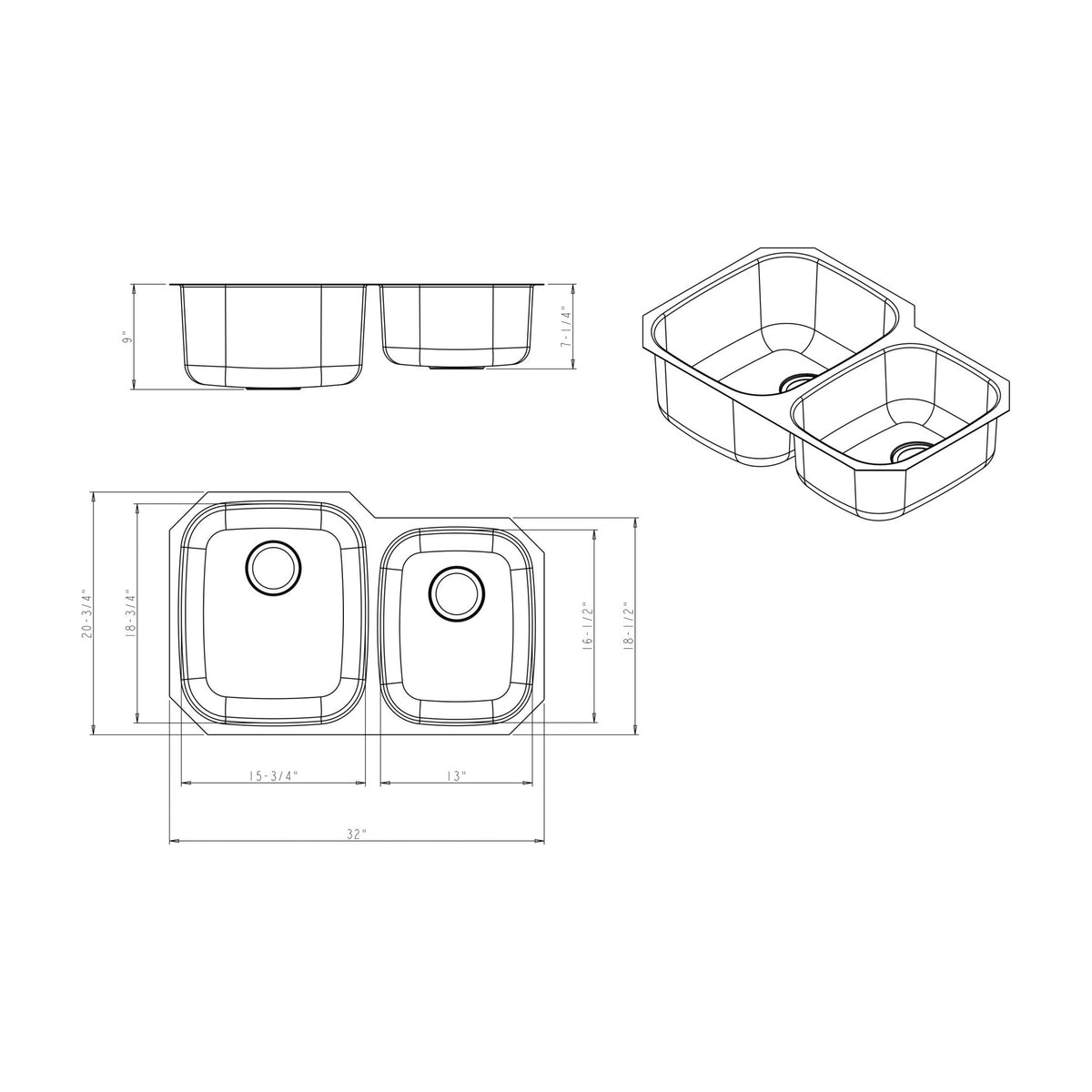 Genevieve 32" 60/40 Stainless Steel Undermount Double Basin Kitchen Sink, Stainless Steel, alternate view