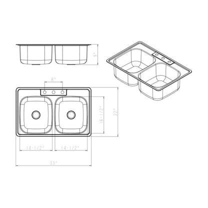 Lysander 33" Stainless Steel Top Mount Double Basin Kitchen Sink, Stainless Steel, alternate view