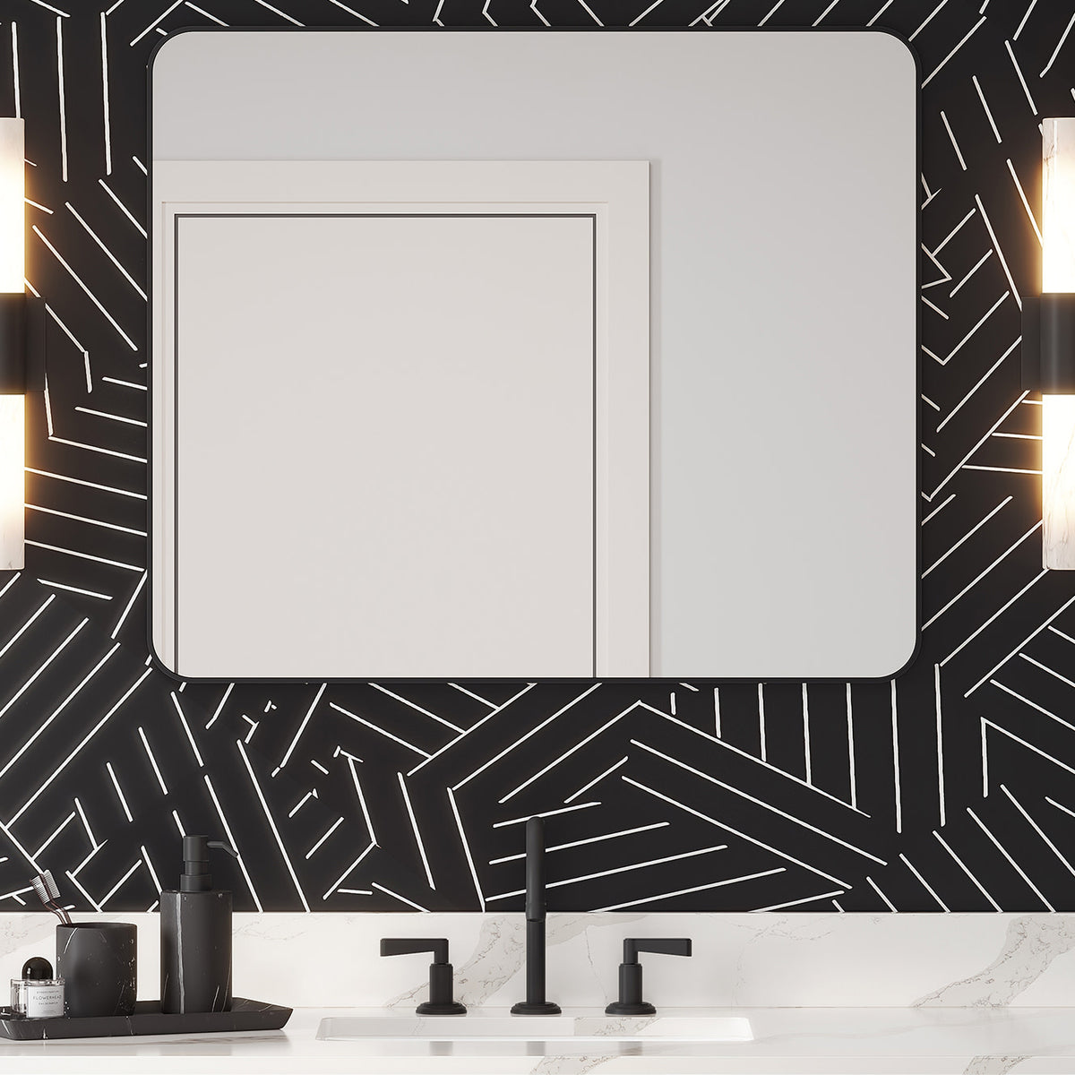 Metal Frame Rounded Rectangle Mirror, Brushed Gold, room view