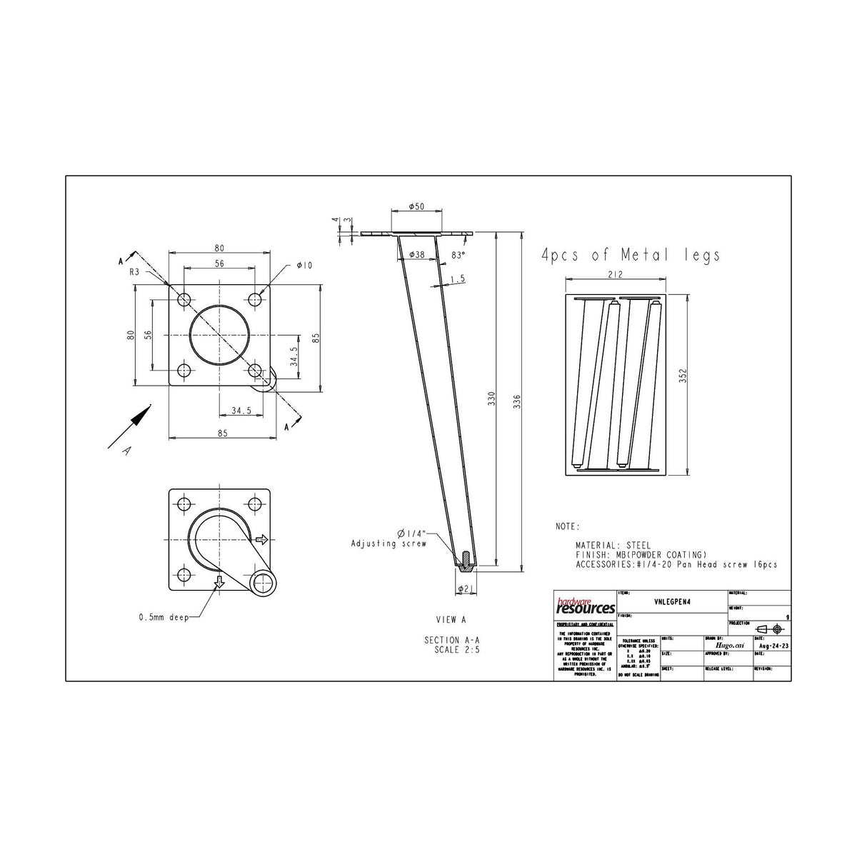 Pencil Vanity Legs, 4 Pieces dimension drawing