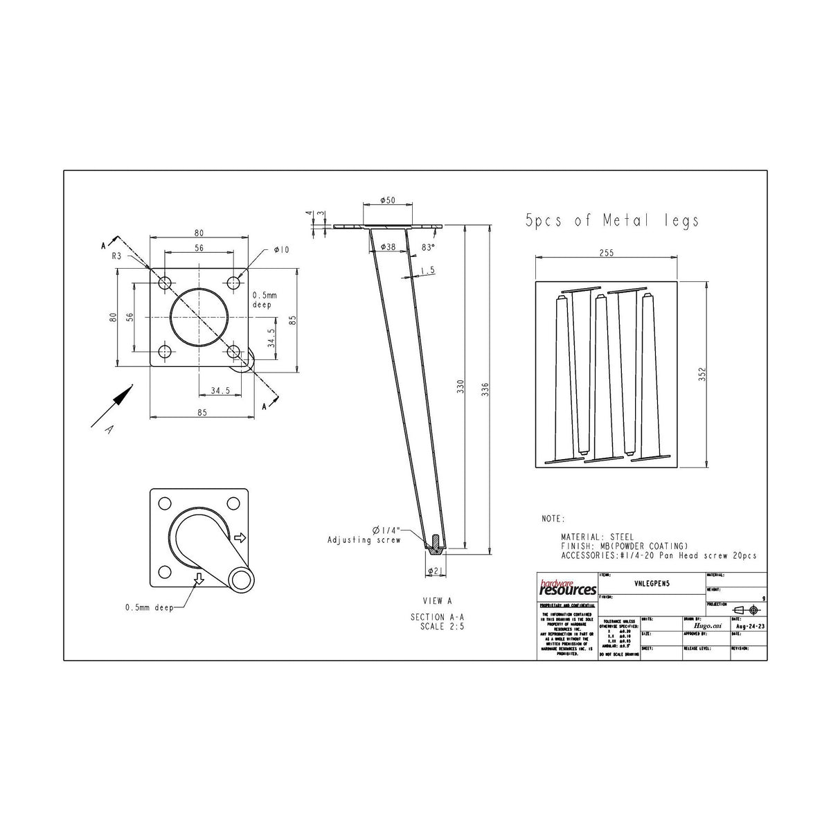 Pencil Vanity Legs, 5 Pieces dimension drawing