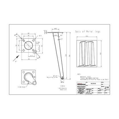 Pencil Vanity Legs, 5 Pieces dimension drawing