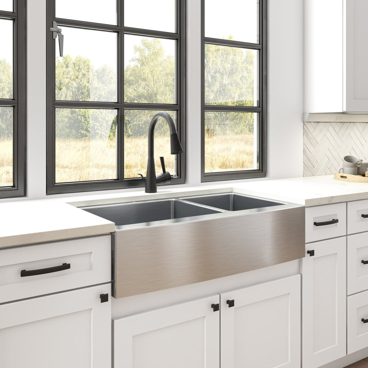 Rosamund 36" Stainless Steel Apron / Farmhouse Double Basin Kitchen Sink, Stainless Steel, alternate view