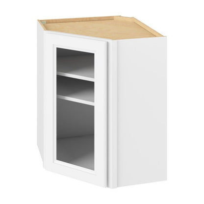 24"W x 30"H Wall Diagonal Corner Cabinet with Single Glass Door, Two Shelves and Matching Interior in Maui Polar White