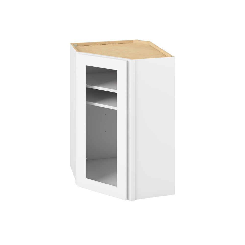 24"W x 36"H Wall Diagonal Corner Cabinet with Single Glass Door, Two Shelves and Matching Interior in Catalina Polar White