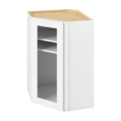 24"W x 36"H Wall Diagonal Corner Cabinet with Single Glass Door, Two Shelves and Matching Interior in Catalina Polar White