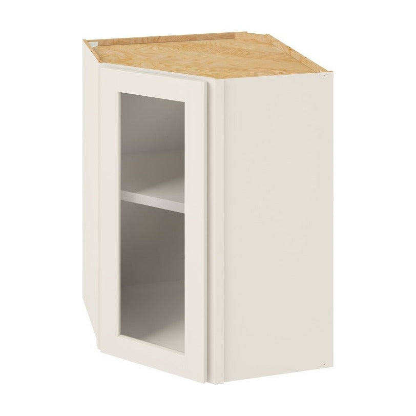 24"W x 36"H Wall Diagonal Corner Cabinet with Single Glass Door, Two Shelves and Matching Interior in Catalina Shell White