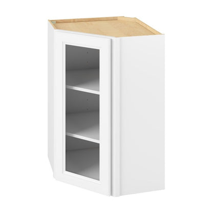 24"W x 36"H Wall Diagonal Corner Cabinet with Single Glass Door, Two Shelves and Matching Interior in Maui Polar White