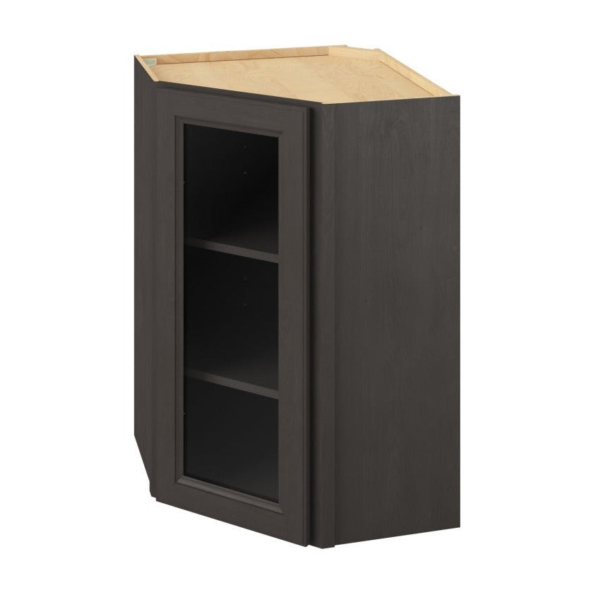 24"W x 36"H Wall Diagonal Corner Cabinet with Single Glass Door, Two Shelves and Matching Interior in Maui Slate