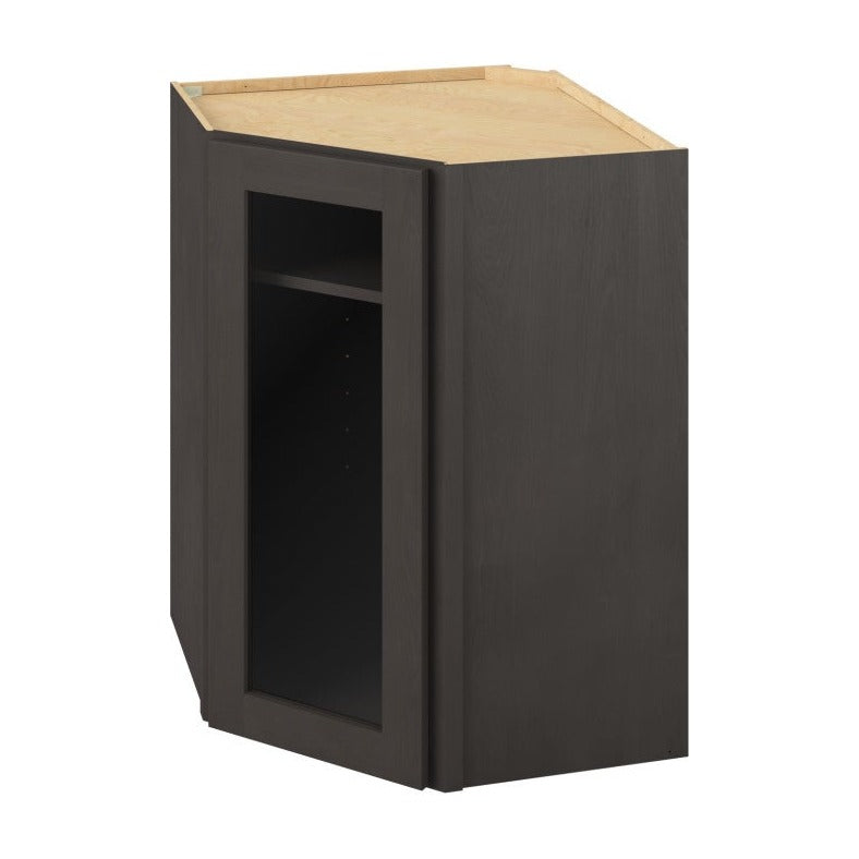 27"W x 36"H x 15"D Wall Diagonal Corner Cabinet with Single Glass Door, Two Shelves and Matching Interior in Catalina Slate