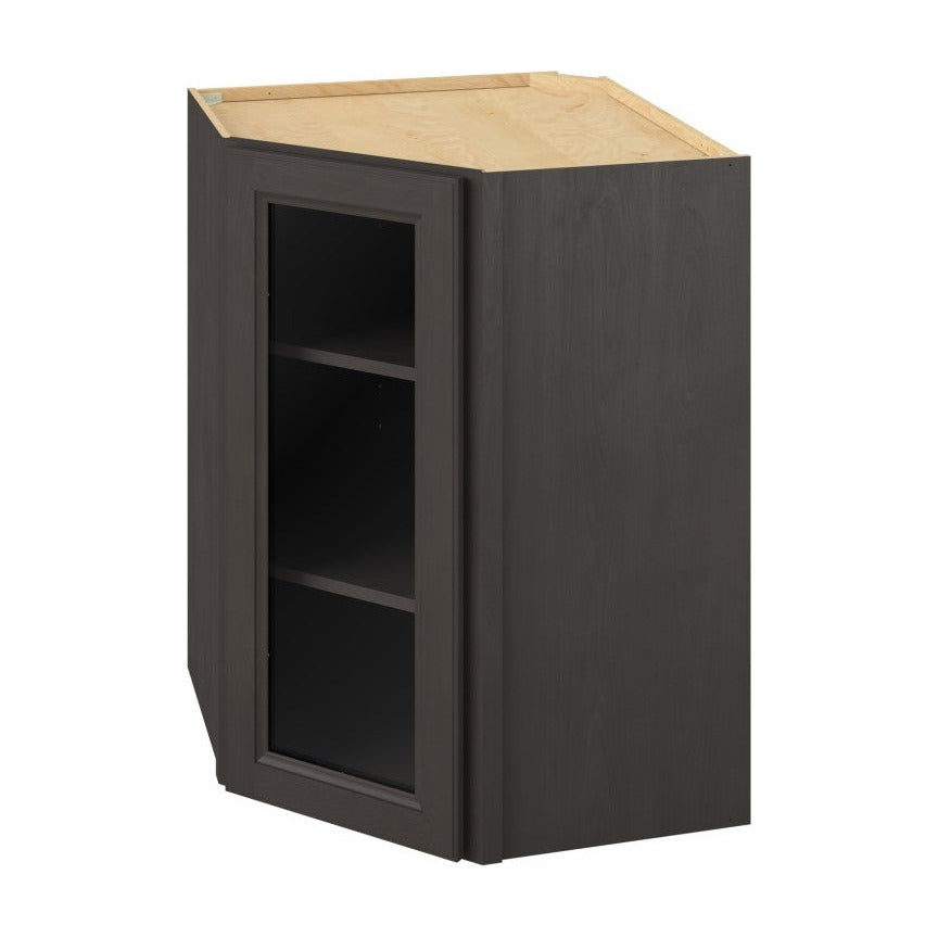 27"W x 36"H x 15"D Wall Diagonal Corner Cabinet with Single Glass Door, Two Shelves and Matching Interior in Maui Slate