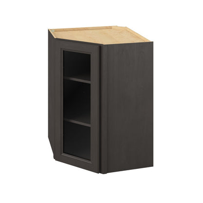 27"W x 36"H x 15"D Wall Diagonal Corner Cabinet with Single Glass Door, Two Shelves and Matching Interior in Maui Slate
