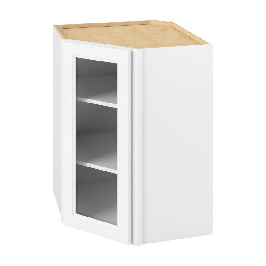 27"W x 36"H x 15"D Wall Diagonal Corner Cabinet with Single Glass Door, Two Shelves and Matching Interior in Maui Polar White