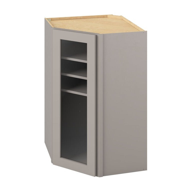 27"W x 42"H x 15"D Wall Diagonal Corner Cabinet with Single Glass Door, Three Shelves and Matching Interior in Catalina Pebbl