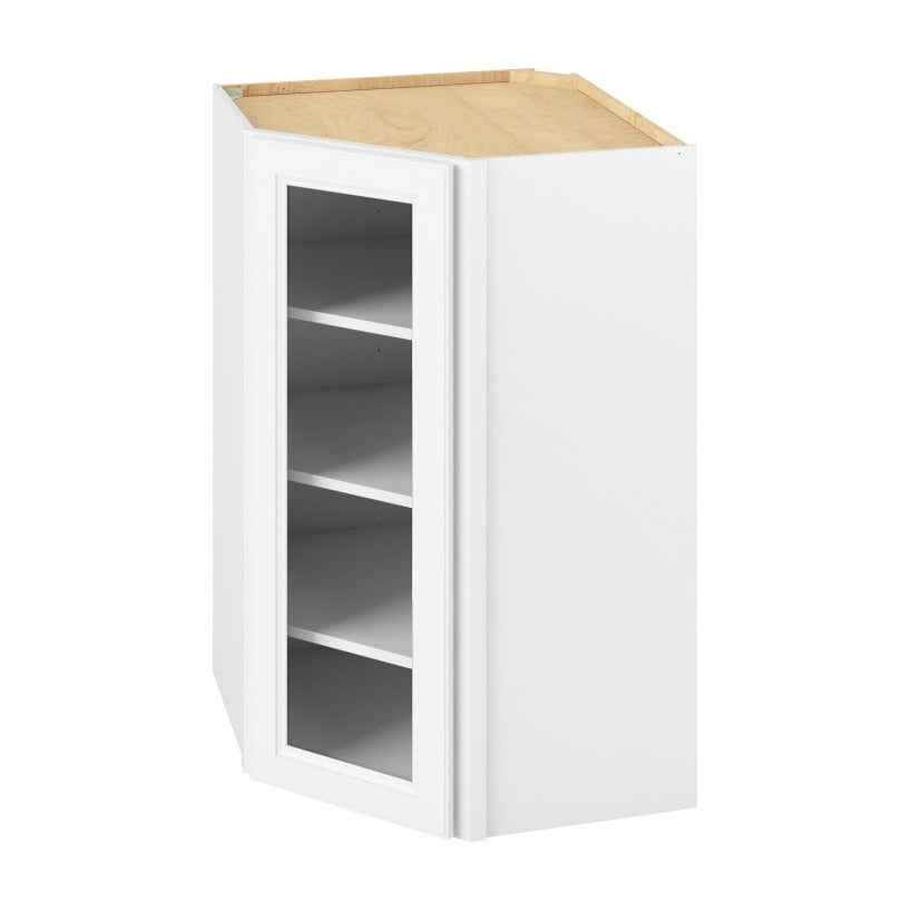 27"W x 42"H x 15"D Wall Diagonal Corner Cabinet with Single Glass Door, Three Shelves and Matching Interior in Maui Polar Whi