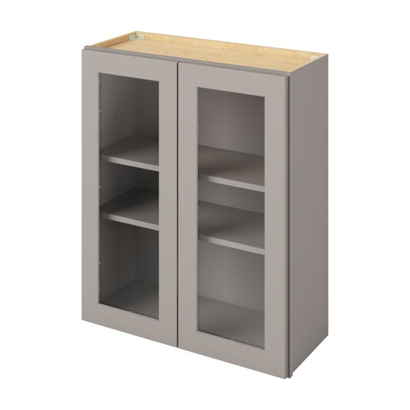 30"W x 36"H Wall Cabinet with Double Glass Doors, Two Shelves and Matching Interior in Catalina Pebble Grey