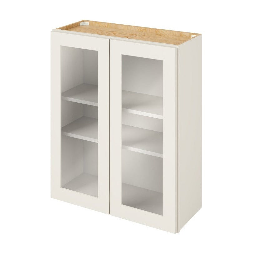 30"W x 36"H Wall Cabinet with Double Glass Doors, Two Shelves and Matching Interior in Catalina Shell White