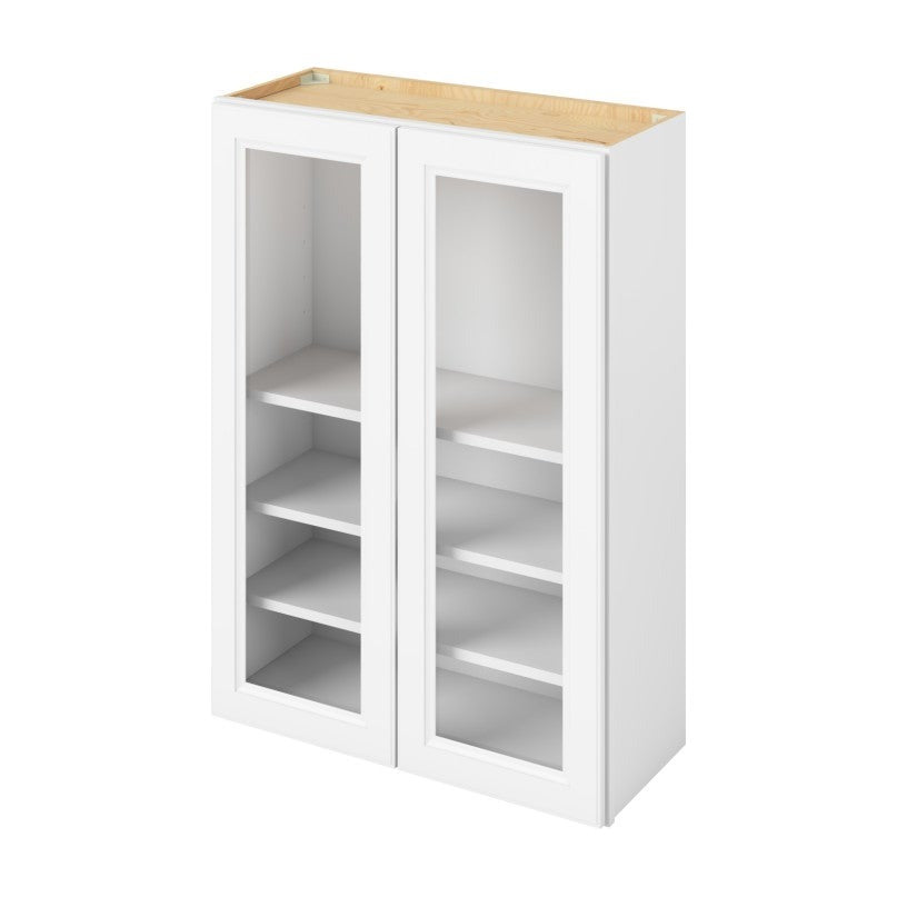 30"W x 42"H Wall Cabinet with Double Glass Doors, Three Shelves and Matching Interior in Maui Polar White