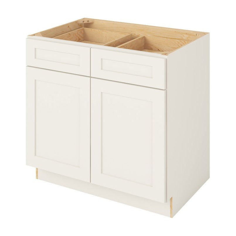36"W Base Cabinet with Double Doors and Double Drawers in Catalina Shell White