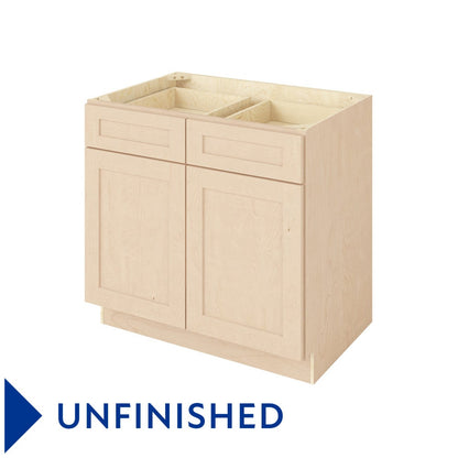 36"W Base Cabinet with Double Doors and Double Drawers in Catalina Unfinished