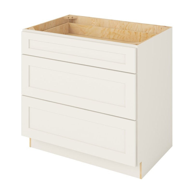 36"W Three Drawer Base Cabinet in Catalina Shell White