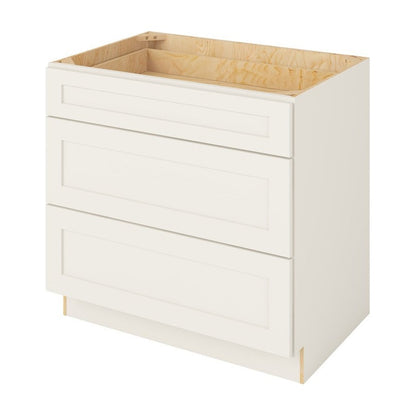 36"W Three Drawer Base Cabinet in Catalina Shell White