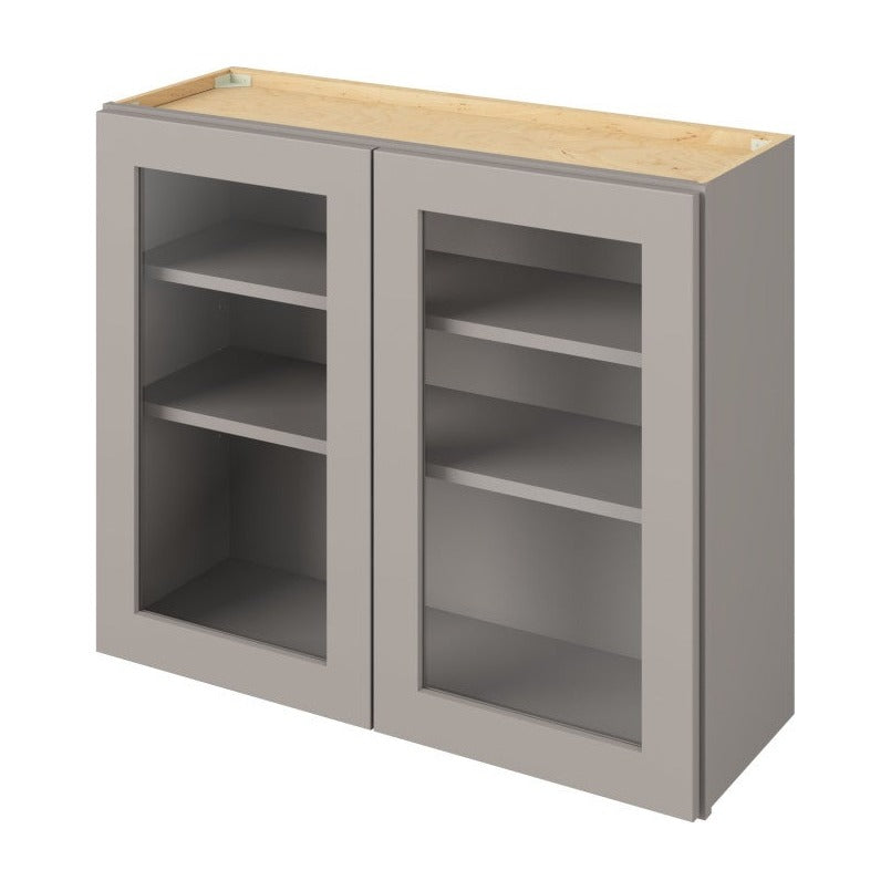 36"W x 30"H Wall Cabinet with Double Glass Doors, Two Shelves and Matching Interior in Catalina Pebble Grey