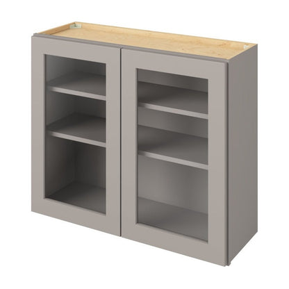 36"W x 30"H Wall Cabinet with Double Glass Doors, Two Shelves and Matching Interior in Catalina Pebble Grey
