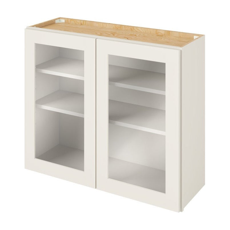 36"W x 30"H Wall Cabinet with Double Glass Doors, Two Shelves and Matching Interior in Catalina Shell White