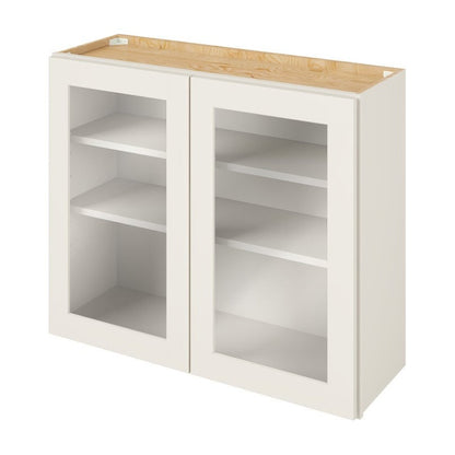 36"W x 30"H Wall Cabinet with Double Glass Doors, Two Shelves and Matching Interior in Catalina Shell White