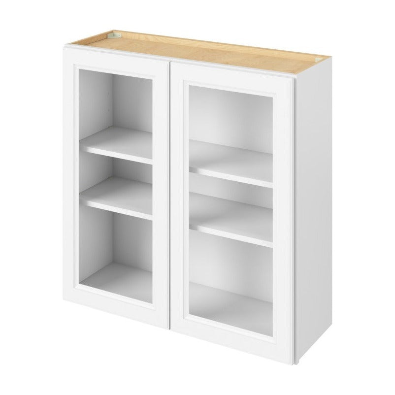 36"W x 36"H Wall Cabinet with Double Glass Doors, Two Shelves and Matching Interior in Maui Polar White