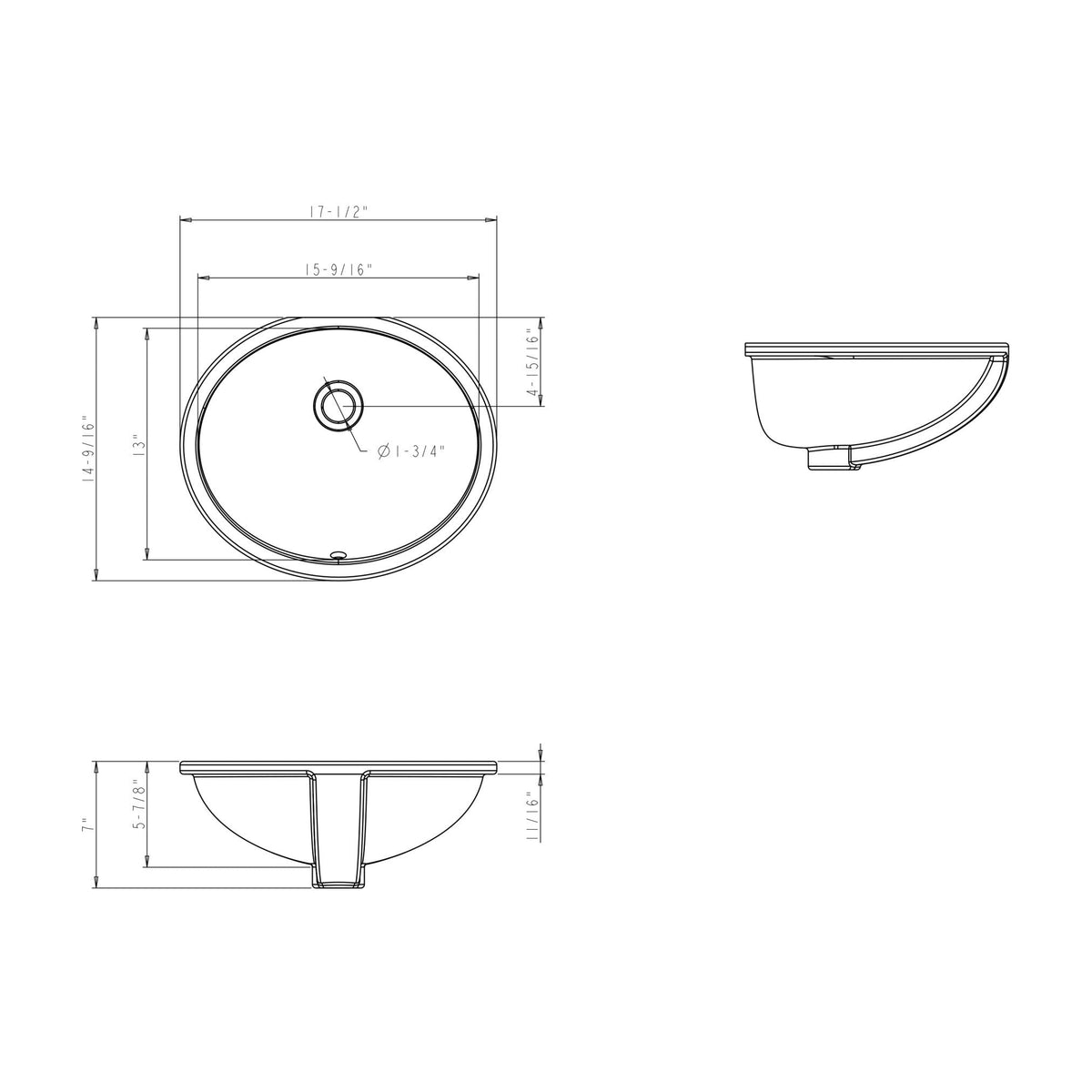 Seraphine 15" Oval Porcelain Undermount Bathroom Sink, White, alternate view