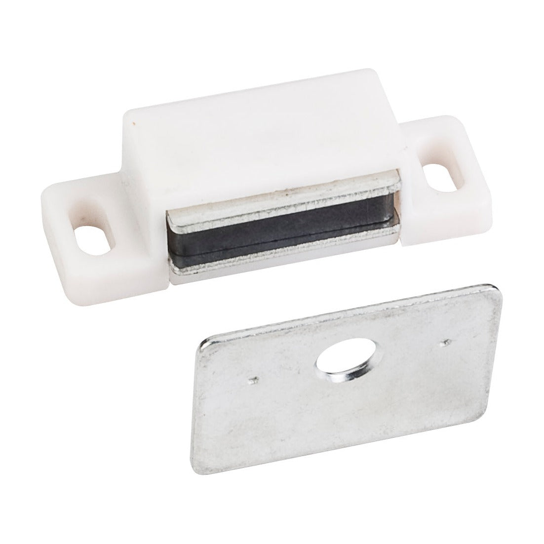 Single Magnetic Cabinet Catch, 15 lb, White, Zinc Strike, Retail Pack