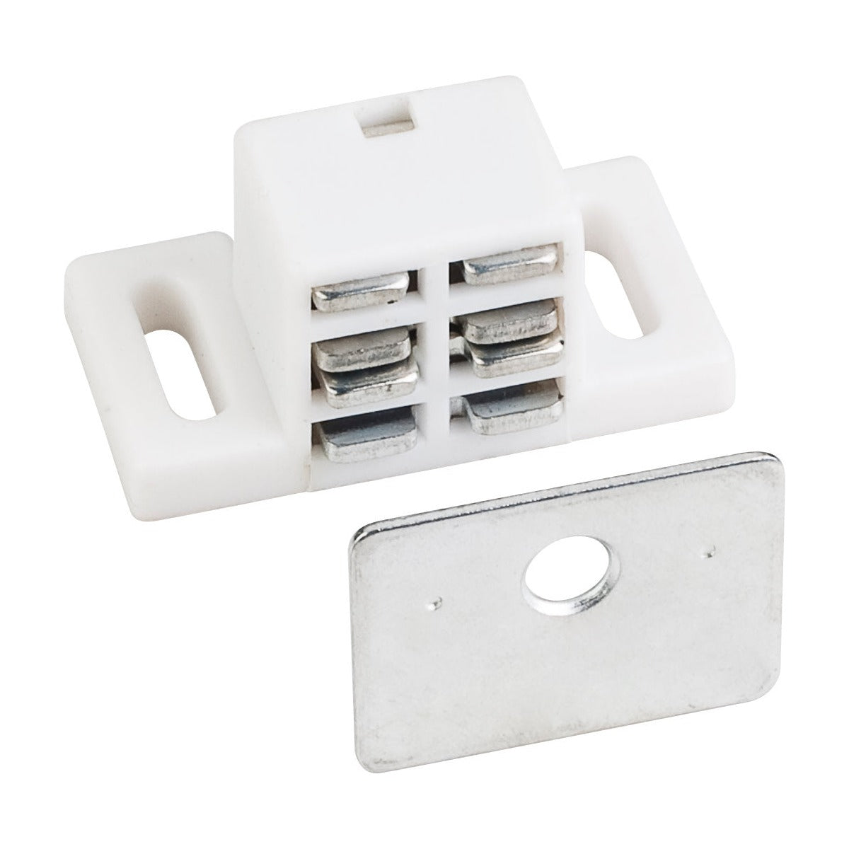 Single Magnetic Cabinet Catch, 25 lb, White, Zinc Strike, Bulk, 500 per Carton (Full Carton)