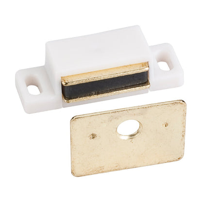 Single Magnetic Cabinet Catch, 15 lb, White, Polished Brass Strike, With Screws (Full Carton)