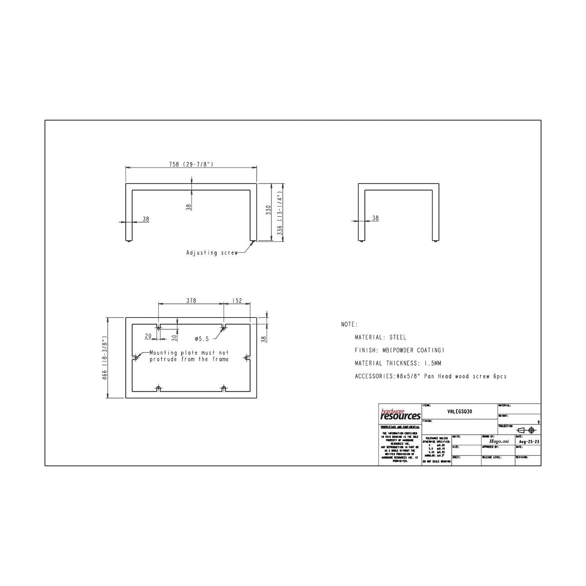 Steel Square Vanity Leg Frame, 30" dimension drawing