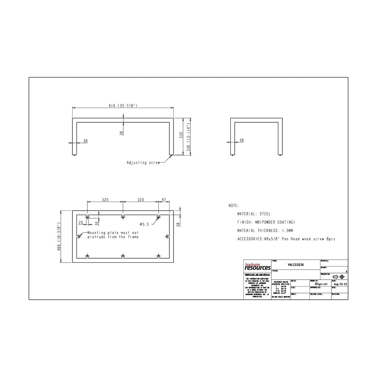 Steel Square Vanity Leg Frame, 36" dimension drawing