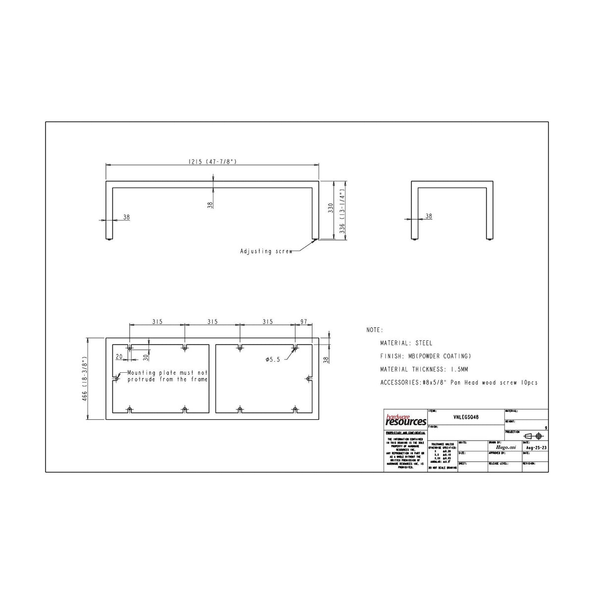 Steel Square Vanity Leg Frame, 48" dimension drawing