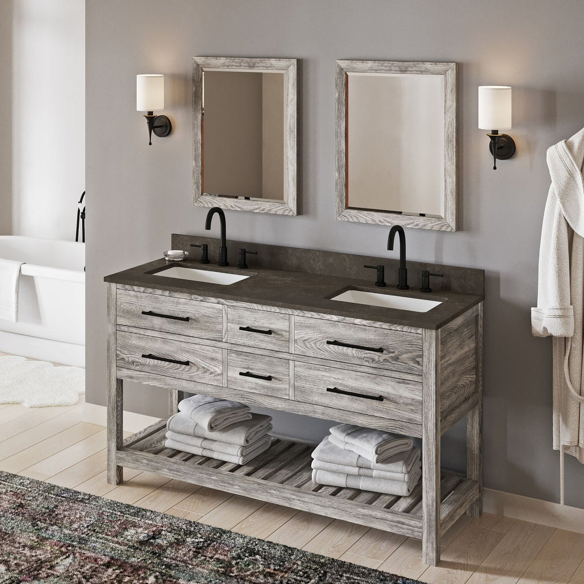 Wavecrest 60" Double Bowl Freestanding Bathroom Vanity, alternate view