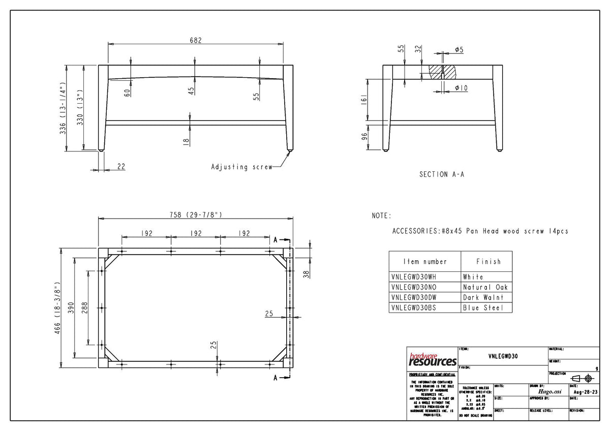 Wood Vanity Leg Frame, 30" dimension drawing