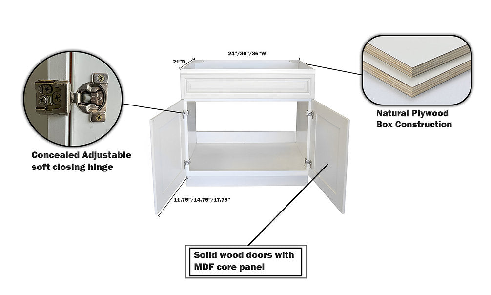 RTA Antique White Raised Panel 24" Freestanding Bathroom Vanity Sink Base with Optional Quartz or Ceramic Countertop