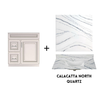 RTA Antique White Raised Panel 30" Freestanding Bathroom Vanity Combo Base with Optional Quartz or Ceramic Countertop