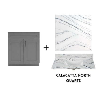 RTA Dark Grey Shaker 30" Freestanding Bathroom Vanity Sink Base with Optional Quartz or Ceramic Countertop