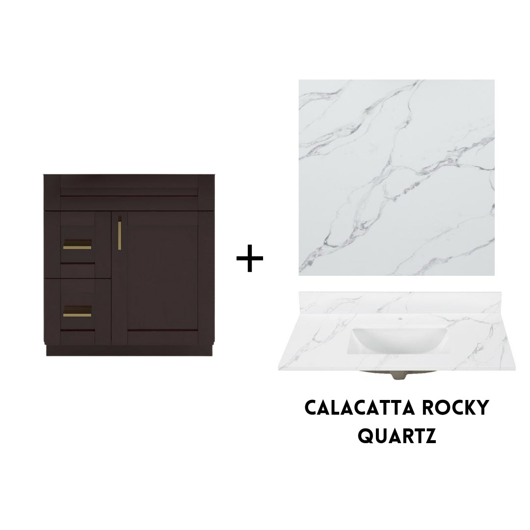 RTA Espresso Shaker 30" Freestanding Bathroom Vanity Combo Base with Optional Quartz or Ceramic Countertop