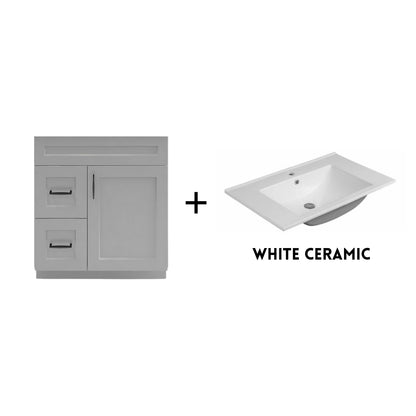 RTA Light Grey Shaker 30" Freestanding Bathroom Vanity Combo Base with Optional Quartz or Ceramic Countertop