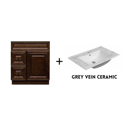 RTA Maple Walnut Raised Panel 30" Freestanding Bathroom Vanity Combo Base with Optional Quartz or Ceramic Countertop