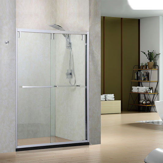 Astrid semi-frameless double sliding shower door in 5/16 inch clear tempered glass, soft closing
