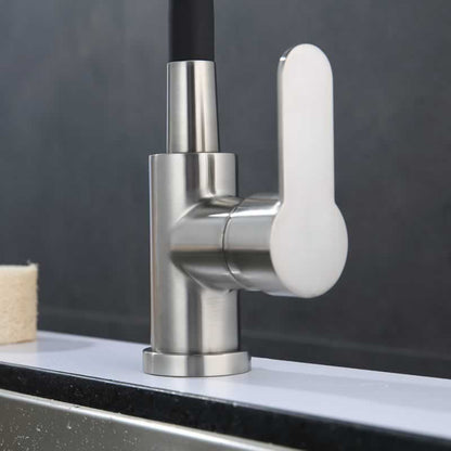 Bertil kitchen faucet with flexible black spout in Brushed Nickel with Matte Black Spout, installed over a kitchen sink