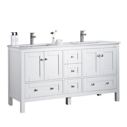 Elvin 60" Freestanding Bathroom Vanity with Carrara Quartz Top and Porcelain Undermount Sink