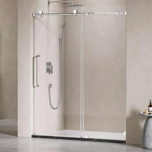 Freja frameless single sliding shower door in 5/16 inch clear tempered glass